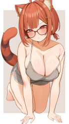 Rule 34 | 1girl, absurdres, ahoge, all fours, animal ears, barefoot, blunt bangs, blush, breasts, choco tanuki, cleavage, feet, glasses, hair ornament, hairclip, highres, large breasts, nijisanji, no shoes, orange eyes, outside border, pout, ratna petit, red panda ears, solo, tail, virtual youtuber