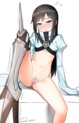Rule 34 | 10s, 1girl, armor, artist name, asashio (kancolle), bad id, bad twitter id, black hair, blue eyes, blush, bottomless, breasts, cosplay, covered erect nipples, crotch plate, dated, embarrassed, fate/extra, fate/extra ccc, fate (series), flying sweatdrops, greaves, juliet sleeves, kantai collection, kanzaki muyu, knee spikes, long hair, long sleeves, looking at viewer, meltryllis (fate), meltryllis (fate) (cosplay), meltryllis (third ascension) (fate), navel, no pants, open mouth, partially visible vulva, puffy sleeves, revealing clothes, sitting, sleeves past wrists, small breasts, solo, spread legs, tears, twitter username, wavy mouth