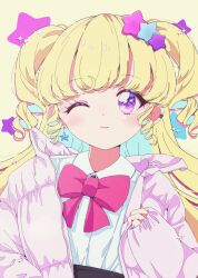 Rule 34 | 1girl, ;), absurdres, blonde hair, bow, bowtie, closed mouth, collared shirt, down jacket, hand up, highres, idol time pripara, jacket, ligne claire, long hair, long sleeves, looking at viewer, milon cas, one eye closed, pink jacket, pretty series, pripara, purple eyes, red bow, red bowtie, retro artstyle, ringlets, shirt, sleeves past wrists, smile, solo, star (symbol), two side up, upper body, white shirt, yumekawa yui