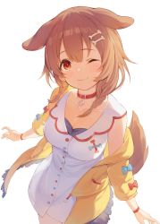 Rule 34 | 1girl, :3, animal collar, animal ears, arms at sides, blue bow, blush, bone hair ornament, bow, bracelet, braid, breasts, brown eyes, brown hair, buttons, cartoon bone, choker, cleavage, closed mouth, collar, collarbone, cowboy shot, dog ears, dog girl, dog tail, dress, from above, hair between eyes, hair ornament, hairclip, hana mori, highres, hololive, inugami korone, inugami korone (1st costume), jacket, jewelry, long hair, low twin braids, low twintails, medium breasts, off-shoulder jacket, off shoulder, one eye closed, raised eyebrows, red bow, red collar, short dress, simple background, smile, solo, tail, twin braids, twintails, virtual youtuber, white background, white dress, wristband, yellow jacket