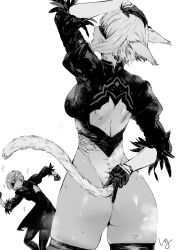 Rule 34 | 1girl, 2b (nier:automata), 2b (nier:automata) (cosplay), 2girls, animal ears, ass, bad id, bad pixiv id, blindfold, cat ears, cat tail, character name, character request, contrapposto, cosplay, covered eyes, curvy, dancing, facial mark, final fantasy, final fantasy xiv, from behind, greyscale, hand on head, hand up, heattech leotard, highleg, highleg leotard, highres, huge ass, juliet sleeves, leotard, liangjushuang, long sleeves, miqo&#039;te, monochrome, multiple girls, nier:automata, nier (series), open mouth, puffy sleeves, shiny skin, short hair, sidelocks, simple background, skindentation, smile, sparkle, standing, steaming body, sweat, tail, thighhighs, thong leotard, turtleneck, v, warrior of light (ff14), whisker markings, white background, white leotard, wide hips, y&#039;shtola rhul