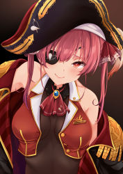 Rule 34 | 1girl, bare shoulders, black hat, blush, bodystocking, breasts, gold trim, gradient background, hat, heterochromia, highres, hololive, houshou marine, large breasts, leotard, leotard under clothes, long hair, looking at viewer, open mouth, pirate costume, red eyes, red hair, rikotan, see-through, see-through leotard, smile, solo, twintails, unbuttoned, virtual youtuber, yellow eyes