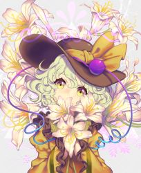 Rule 34 | 1girl, bad id, bad pixiv id, bad twitter id, bow, cheong ha, commentary request, covered mouth, floral background, flower, green eyes, green hair, hat, hat bow, heart, komeiji koishi, long sleeves, looking at viewer, shirt, solo, string, third eye, touhou, upper body, wide sleeves