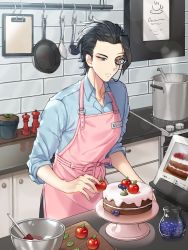 Rule 34 | 1boy, ahoge, apron, bad id, bad pixiv id, black hair, blue eyes, blue shirt, blueberry, cake, cake stand, counter, cutting board, drawer, food, forever 7th capital, frown, fruit, highres, indoors, ladle, male focus, mixing bowl, monocle, pepper shaker, plant, pot, potted plant, reflection, risem, shirt, spatula, spoon, steam, stove, wall