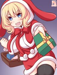 Rule 34 | 1girl, alternate costume, animal hood, basket, black thighhighs, blonde hair, blue eyes, box, braid, breasts, capelet, christmas, colorado (kancolle), dress, gift, gift box, hood, kanon (kurogane knights), kantai collection, large breasts, looking at viewer, one-hour drawing challenge, open mouth, rabbit hood, santa dress, short hair, side braids, smile, thighhighs