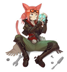 Rule 34 | 1girl, absurdres, animal ears, belt, black footwear, blue eyes, boots, breasts, cat ears, cat girl, cat tail, collar, dog tags, facial tattoo, final fantasy, final fantasy xiv, fingerless gloves, full body, gears, gloves, goggles, goggles on head, green pants, highres, holding, jacket, knee boots, leather, leather jacket, medium breasts, medium hair, miqo&#039;te, pants, ponytail, pouch, red hair, screwdriver, shadow, simple background, sitting, slit pupils, solo, sookmo, tail, tattoo, white background