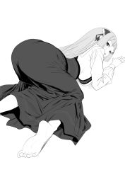 Rule 34 | 1girl, ass, dress, feet, highres, huge ass, long hair, long sleeves, momoko (shoutao), monochrome, original, shoutao, solo, white background