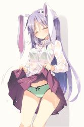 Rule 34 | 1girl, animal ears, blush, bow, bow panties, bra, closed eyes, clothes lift, female focus, green bra, green panties, light purple hair, long hair, long sleeves, panties, purple hair, rabbit ears, reisen udongein inaba, satou kibi, see-through, shirt, simple background, skirt, skirt lift, solo, touhou, underwear, wet, wet clothes, wet hair, wet shirt