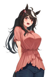 Rule 34 | 1girl, absurdres, animal ears, black hair, blue pants, breasts, denim, hair ornament, highres, horse ears, horse girl, hukahito, jeans, jewelry, kitasan black (umamusume), large breasts, long hair, multicolored hair, necklace, open mouth, pants, red eyes, red shirt, shirt, solo, standing, two-tone hair, umamusume