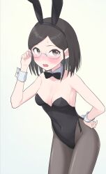 Rule 34 | 1girl, animal ears, armband, black bow, black bowtie, black eyes, black hair, black leotard, black ribbon, bow, bowtie, breasts, cleavage, covered navel, detached collar, embarrassed, unworn eyewear, fishnet pantyhose, fishnets, glasses, hand on own hip, highres, holding, holding removed eyewear, idolmaster, idolmaster cinderella girls, idolmaster cinderella girls starlight stage, leotard, looking at viewer, medium breasts, pantyhose, pink nails, playboy bunny, rabbit ears, rabbit lingerie, rabbit tail, ribbon, saejima kiyomi, short hair, sideboob, simple background, solo, standing, sweatdrop, tail, wavy mouth, white background, wrist cuffs, yama tatsuo