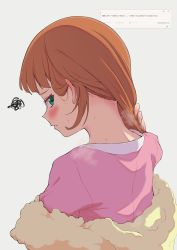 Rule 34 | 1girl, blush, closed mouth, copyright request, from behind, green eyes, highres, long hair, looking at viewer, looking back, nape, osame, pink shirt, shirt, sideways glance, simple background, solo, squiggle, white background