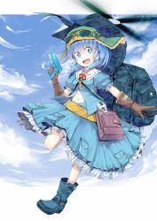 Rule 34 | 1girl, adjustable wrench, aircraft, backpack, bag, belt, blue eyes, blue hair, blue sky, boots, brown gloves, bubble, cloud, cloudy sky, day, dress, flying, gloves, goggles, goggles on headwear, gun, handgun, hat, helicopter, highres, kawashiro nitori, key, matching hair/eyes, midriff, navel, open mouth, pocket, propeller, rubber boots, sanuki (zigzagflamberge), shirt, short hair, short sleeves, skirt, skirt set, sky, smile, solo, tools, touhou, twintails, two side up, utility belt, water gun, weapon, wrench