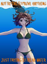 Rule 34 | 1girl, absurdres, artist request, bikini, black eyes, breasts, brown hair, character request, cleavage, copyright request, floating hair, green bikini, highres, large breasts, navel, submerged, swimsuit, underwater, water