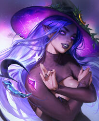 Rule 34 | 1girl, aleriia v, breasts, bridal gauntlets, cleavage cutout, clothing cutout, commission, crossed arms, eyeshadow, hat, highres, large breasts, long hair, looking at viewer, makeup, original, pointy ears, purple eyes, purple hair, purple lips, signature, solo, upper body, watermark, web address, witch hat