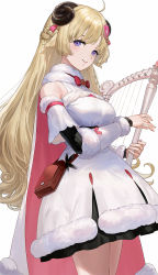 Rule 34 | 1girl, blonde hair, blue eyes, breasts, dress, ekao, harp, highres, holding, holding instrument, hololive, horns, instrument, large breasts, light smile, long hair, looking to the side, solo, tsunomaki watame, tsunomaki watame (1st costume), virtual youtuber, white background, white dress