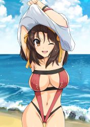 Rule 34 | 00s, 1girl, armpits, arms up, beach, breasts, brown eyes, brown hair, female focus, hairband, haruhisky, highres, horizon, large breasts, looking at viewer, navel, one eye closed, open mouth, ribbon, short hair, sky, suzumiya haruhi, suzumiya haruhi no yuuutsu, swimsuit, teeth, thigh gap, undressing, upper teeth only, wink