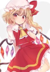 Rule 34 | 1girl, arm behind back, asa (coco), blonde hair, bow, commentary request, ascot, flandre scarlet, hand on own face, hat, hat bow, looking at viewer, mob cap, red eyes, side ponytail, solo, touhou, white background, wings, wristband