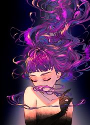 Rule 34 | 1girl, blue background, closed eyes, collarbone, colored eyelashes, floating hair, gradient background, gradient skin, hand up, hannyag, highres, long hair, original, purple hair, smile, solo, topless
