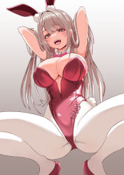 Rule 34 | 1girl, ami (judasprest), animal ears, arms behind head, arms up, blush, bowtie, breasts, cleavage, covered navel, detached collar, fake animal ears, fake tail, goddess of victory: nikke, grey hair, high heels, highleg, highleg leotard, horns, large breasts, leotard, long hair, looking at viewer, official alternate costume, open mouth, pantyhose, pink bow, pink bowtie, pink horns, playboy bunny, rabbit ears, rabbit tail, red eyes, red leotard, solo, spread legs, squatting, strapless, strapless leotard, tail, tiptoes, viper (nikke), viper (toxic rabbit) (nikke), white pantyhose