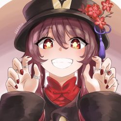 Rule 34 | 1girl, :d, absurdres, black nails, brown hair, chinese clothes, close-up, commentary request, flower, genshin impact, ghost pose, grin, hair between eyes, hat, hat flower, hat ornament, highres, hu tao (genshin impact), jewelry, koi0910, long hair, long sleeves, looking at viewer, nail polish, open mouth, red eyes, ring, sidelocks, smile, solo, symbol-shaped pupils, twintails