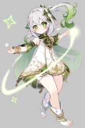 Rule 34 | 1girl, absurdres, bare shoulders, bracelet, closed mouth, commentary, detached sleeves, dress, full body, genshin impact, gradient hair, green eyes, green hair, grey background, hair ornament, highres, jewelry, long hair, looking at viewer, multicolored hair, nahida (genshin impact), pointy ears, side ponytail, simple background, smile, socks, solo, stirrup legwear, toeless legwear, white dress, white hair, white socks, zonzu