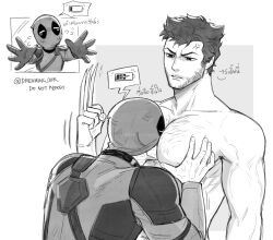 2boys anger_vein bara between_pecs between_pectorals bodysuit chest_hair claw_(weapon) deadpool deadpool_&amp;_wolverine deadpool_(series) dreaming_oor head_between_pecs highres hug large_pectorals looking_at_another male_focus marvel multiple_boys muscular muscular_male pectoral_grab pectorals short_hair topless_male translation_request twitter_username two-tone_bodysuit weapon wolverine_(x-men) x-men yaoi