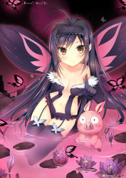 Rule 34 | 10s, 1girl, accel world, antenna hair, arita haruyuki, black hair, blush, breasts, brown eyes, bug, butterfly, butterfly wings, copyright name, duji amo, elbow gloves, flower, garter straps, gloves, headband, highres, insect, insect wings, kuroyukihime, lily pad, long hair, looking at viewer, navel, pig, pointing, small breasts, smile, thighhighs, usagihime, water, wet, wet clothes, wings, yellow eyes