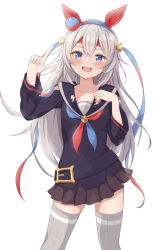 Rule 34 | 1girl, :d, absurdres, animal ears, black sailor collar, blue eyes, blush, commentary request, fang, flat chest, grey hair, grey thighhighs, highres, horse ears, horse girl, long hair, long sleeves, looking at viewer, neckerchief, open mouth, partial commentary, pleated skirt, pointing, pointing up, rinkaa (lovelive765pro2), sailor collar, simple background, skin fang, skirt, smile, solo, tamamo cross (umamusume), thighhighs, umamusume, white background, zettai ryouiki