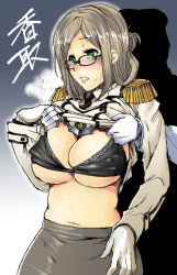 Rule 34 | 10s, 1girl, admiral (kancolle), ariga tou, assisted exposure, blush, bra, breasts, epaulettes, folded ponytail, glasses, gloves, green eyes, kantai collection, katori (kancolle), large breasts, military, military uniform, necktie, undersized clothes, underwear, uniform, white gloves