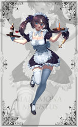 Rule 34 | 1girl, absurdres, alcohol, alternate costume, apron, black dress, black footwear, blue eyes, blush, bottle, breasts, brown hair, character name, cleavage, collarbone, cup, dress, drinking glass, enmaided, frilled apron, frilled dress, frills, full body, genshin impact, gloves, hair between eyes, highres, holding, holding tray, long hair, looking at viewer, maid, maid apron, maid headdress, mary janes, medium breasts, mona (genshin impact), nithros, open mouth, puffy short sleeves, puffy sleeves, shoes, short sleeves, shot glass, solo, standing, standing on one leg, thighhighs, thighs, tray, twintails, waist apron, white apron, white background, white gloves, white thighhighs, wine bottle, wine glass, zettai ryouiki, zoom layer