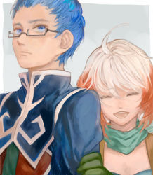 Rule 34 | 1boy, 1girl, 3838383, ahoge, arm grab, blue eyes, blue hair, coat, closed eyes, glasses, height difference, hubert ozwell, multicolored hair, open mouth, pascal (tales), red hair, scarf, short hair, smile, tales of (series), tales of graces, two-tone hair, upper body, white hair
