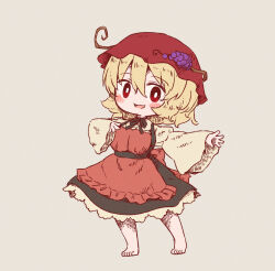 Rule 34 | 1girl, aki minoriko, apron, arinu, barefoot, blonde hair, blush, fruit hat ornament, full body, grape hat ornament, grey background, hair between eyes, hat, hat ornament, long sleeves, mob cap, open mouth, red apron, red eyes, red hat, shirt, short hair, simple background, smile, solo, touhou, wide sleeves, yellow shirt