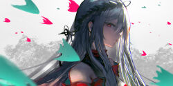 Rule 34 | 1girl, absurdres, arknights, bare shoulders, black hairband, closed mouth, fish, grey hair, hairband, highres, lemtun, long hair, looking at viewer, no headwear, red eyes, skadi (arknights), solo, upper body, very long hair