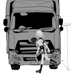 Rule 34 | 1girl, absurdres, bag, bread slice, comic, food, food in mouth, full body, greyscale, highres, isekai truck, monochrome, motor vehicle, mouth hold, original, running, satchel, school uniform, serafuku, shoes, short hair, sketch, socks, toast, toast in mouth, translation request, truck, velzhe
