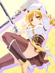 Rule 34 | 10s, 1girl, beret, blonde hair, blush, body blush, boots, brown thighhighs, detached sleeves, drill hair, dual wielding, fingerless gloves, gloves, gun, hat, holding, magical girl, magical musket, mahou shoujo madoka magica, mahou shoujo madoka magica (anime), pleated skirt, puffy sleeves, ribbon, rifle, skirt, solo, striped clothes, striped thighhighs, thighhighs, tomoe mami, twin drills, twintails, urase shioji, vertical-striped clothes, vertical-striped thighhighs, weapon, yellow eyes