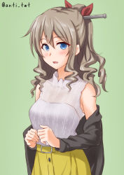Rule 34 | 1girl, alternate costume, anti (untea9), black jacket, blue eyes, breasts, drill hair, green background, hair between eyes, hair ornament, hair ribbon, hatakaze (kancolle), highres, jacket, kantai collection, light brown hair, looking at viewer, medium breasts, open mouth, ponytail, red ribbon, ribbon, shirt, simple background, skirt, sleeveless, sleeveless shirt, solo, twitter username, yellow skirt