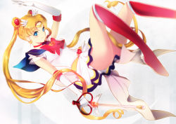 Rule 34 | 1990s (style), 1girl, bishoujo senshi sailor moon, bishoujo senshi sailor moon supers, blonde hair, blue eyes, blue sailor collar, boots, bow, brooch, choker, crescent, double bun, earrings, gloves, heart, heart brooch, jewelry, long hair, lpip, magical girl, multicolored clothes, multicolored skirt, red bow, retro artstyle, sailor collar, sailor moon, skirt, solo, super sailor moon, tiara, tsukino usagi, twintails, very long hair, white gloves