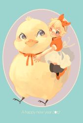 Rule 34 | 1girl, 2017, animal, bird, blonde hair, blue eyes, chick, chinese zodiac, hair ribbon, happy new year, highres, new year, one eye closed, oversized animal, ribbon, riding, short hair, u-min, year of the rooster