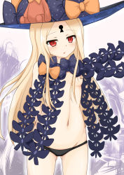 Rule 34 | 1girl, abigail williams (fate), abigail williams (second ascension) (fate), arms behind back, bandaid, bandaids on nipples, black bow, black hat, black panties, blonde hair, blush, bow, breasts, commentary request, cowboy shot, fate/grand order, fate (series), gluteal fold, groin, hat, hat bow, highres, keyhole, kinnikku, long hair, navel, orange bow, panties, parted bangs, parted lips, pasties, polka dot, polka dot bow, red eyes, revealing clothes, small breasts, solo, stuffed animal, stuffed toy, teddy bear, topless, underwear, very long hair, witch hat