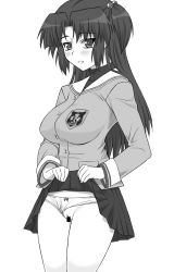 Rule 34 | 00s, 1girl, censored, clannad, clothes lift, clothing aside, greyscale, hair bobbles, hair ornament, ichinose kotomi, monochrome, panties, panties aside, panty pull, pussy, school uniform, serafuku, shichimenchou, skirt, skirt lift, solo, two side up, underwear