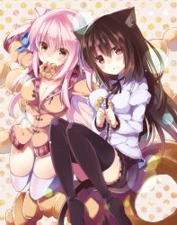 Rule 34 | 1girl, 2girls, animal ears, bad id, bad pixiv id, black hair, black thighhighs, blush, borrowed character, breasts, brown eyes, brown hair, cat ears, cat tail, character name, cleavage, doughnut, eating, fang, food, food on face, green eyes, groin, holding, looking at viewer, mia flatpaddy, mishima kurone, mouth hold, multiple girls, no panties, original, pink hair, revision, shia flatpaddy, sitting, skirt, tail, thighhighs, white thighhighs