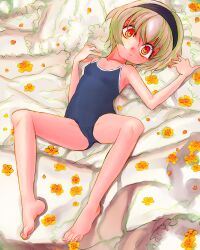 Rule 34 | 1girl, bare arms, bare legs, bare shoulders, barefoot, bed sheet, blue one-piece swimsuit, bob cut, breasts, closed mouth, collarbone, eyelashes, fingernails, flower, hair between eyes, hairband, highres, jashin-chan dropkick, light brown hair, looking at viewer, lying, multicolored eyes, multicolored flower, new school swimsuit, on back, one-piece swimsuit, orange flower, pekora (jashin-chan dropkick), petals, purple hairband, red eyes, ringed eyes, school swimsuit, short hair, small breasts, smile, solo, split mouth, swimsuit, toenails, tsukiyono aroe, yellow eyes, yellow flower