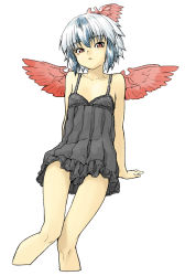 Rule 34 | 1girl, :q, arm support, babydoll, bad id, bad pixiv id, bare legs, bare shoulders, blue hair, face, female focus, flat chest, head wings, horns, looking at viewer, multicolored hair, red eyes, shiba itsuki, short hair, silver hair, simple background, sitting, solo, tokiko (touhou), tongue, tongue out, touhou, two-tone hair, underwear, underwear only, white background, wings