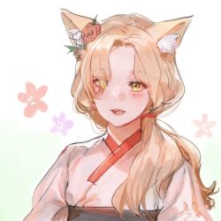 Rule 34 | 1girl, animal ear fluff, animal ears, blonde hair, commentary, copyright request, flower, fox ears, green eyes, hair flower, hair ornament, hair over shoulder, highres, japanese clothes, kimono, looking at viewer, obi, open mouth, parted bangs, pink kimono, ponytail, red flower, sash, smile, solo, tanu0706, teeth, upper body, upper teeth only, white background