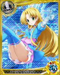 Rule 34 | 10s, 1girl, ahoge, asia argento, bishop (chess), blonde hair, blue legwear, card (medium), character name, chess piece, elbow gloves, gloves, green eyes, high school dxd, long hair, looking at viewer, official art, solo, trading card