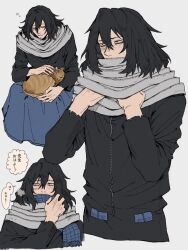 Rule 34 | 1boy, animal, animal on lap, bags under eyes, black bodysuit, black hair, blanket, blue scarf, bodysuit, boku no hero academia, brown cat, cat, cat on lap, closed mouth, eraser head (boku no hero academia), facial hair, grey background, grey scarf, highres, long sleeves, male focus, mature male, medium hair, multiple views, mustache stubble, on lap, plaid, plaid scarf, rnuyvm, scar, scar on face, scarf, speech bubble, stubble, white background