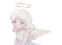 Rule 34 | 1girl, angel, angel wings, commentary request, dress, expressionless, flat chest, halo, liquid halo, looking to the side, medium hair, original, parted lips, simple background, solo, tetora u u, upper body, vaccine scar, white background, white dress, white hair, white wings, wings
