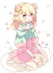 Rule 34 | 1girl, :d, animal ears, blonde hair, blush, commentary, crescent, crescent hair ornament, dress, full body, green dress, hair between eyes, hair ornament, highres, horns, long hair, looking at viewer, low twintails, no shoes, open mouth, original, pennant, pink dress, puffy short sleeves, puffy sleeves, red eyes, seiza, sheep ears, sheep girl, sheep horns, shirt, short eyebrows, short sleeves, simple background, sitting, smile, socks, solo, star (symbol), star hair ornament, starry background, symbol-only commentary, thick eyebrows, tsukiyo (skymint), twintails, white background, white shirt, white socks