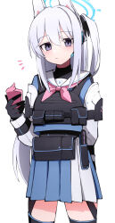 Rule 34 | 1girl, animal ears, arm behind back, black thighhighs, black vest, blue archive, blue hair, blue halo, blue shirt, blue skirt, bulletproof vest, closed mouth, commentary, cowboy shot, double-parted bangs, expressionless, fake animal ears, hair between eyes, halo, highres, holding, holding phone, light blue hair, long hair, long sleeves, looking at viewer, miyako (blue archive), neckerchief, one side up, phone, pink neckerchief, pleated skirt, purple eyes, rabbit ears, sailor collar, shirt, simple background, skirt, solo, thighhighs, turtleneck, vest, white background, white sailor collar, yun (kbdenz9)