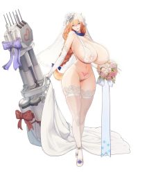Rule 34 | 1girl, blue eyes, bouquet, bow, bra, braid, breasts, bridal gauntlets, bridal veil, cleavage, curvy, des moines (warship girls r), flower, french braid, full body, heart, highres, huge breasts, lace, lace-trimmed legwear, lace trim, light brown hair, long hair, looking at viewer, navel, neck ribbon, orange hair, pink flower, pink rose, pubic tattoo, ribbon, rose, see-through, sideboob, simple background, solo, standing, strap gap, tattoo, thick thighs, thighhighs, thighs, thong, underwear, veil, warship girls r, weapon, wedding lingerie, white background, white thighhighs, wide hips, xiao shei..